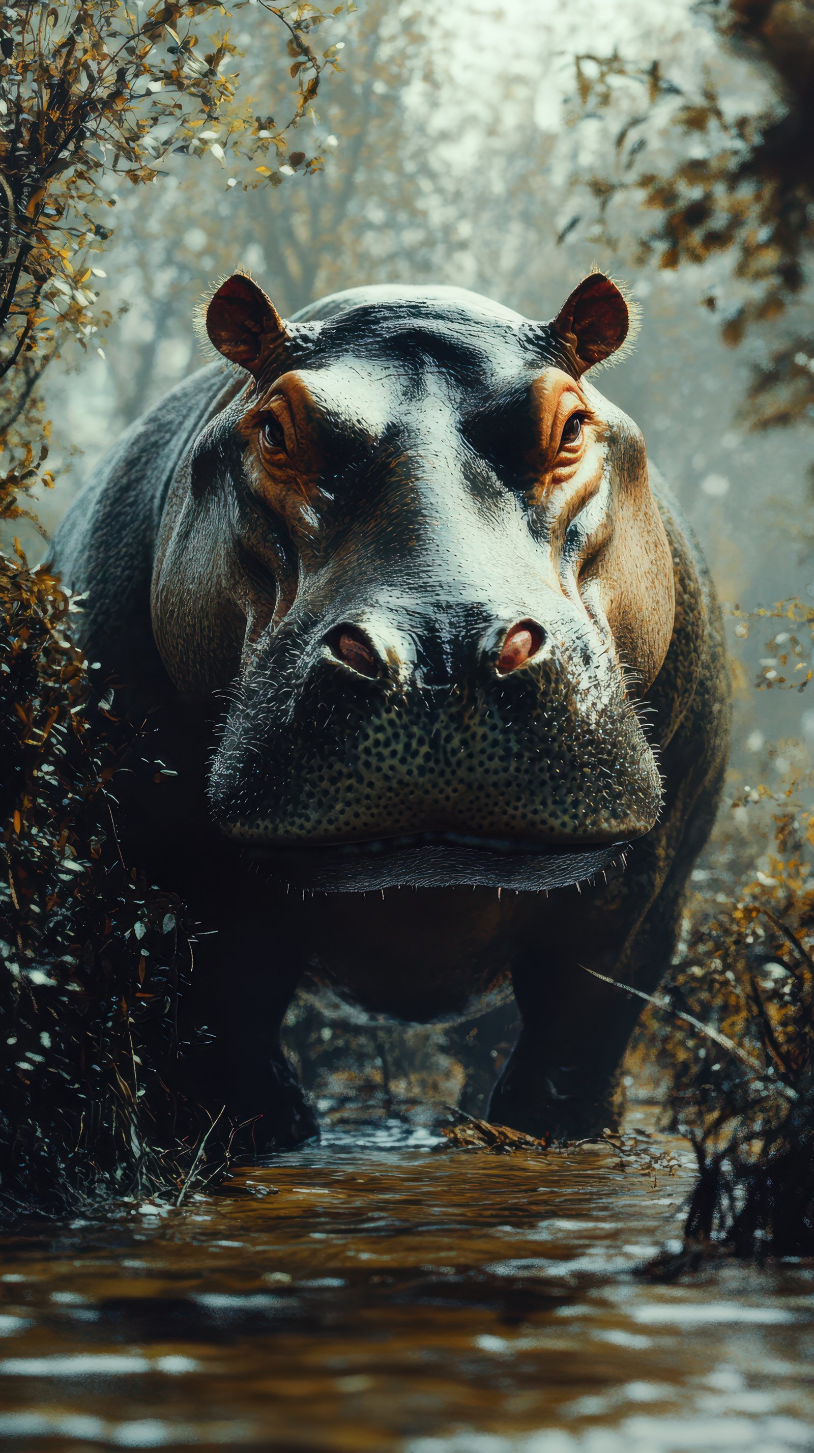 Majestic hippo emerging from dense foliage in a serene wetland environment during the early morning light
